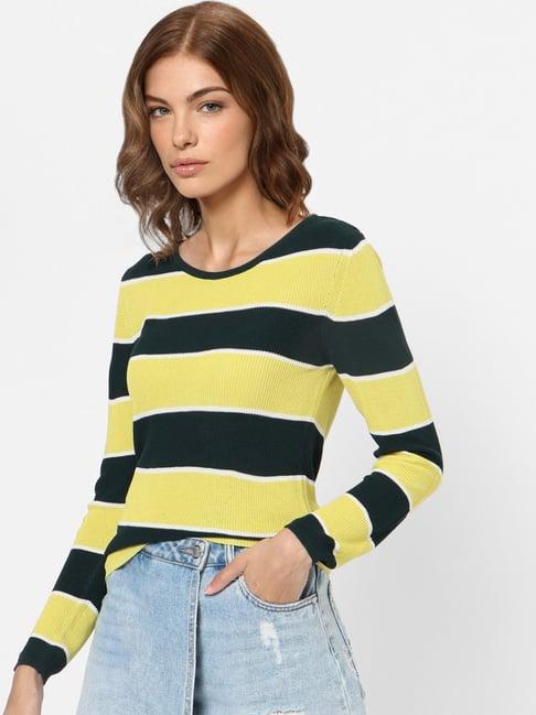 only green & yellow textured cropped knitted pullover