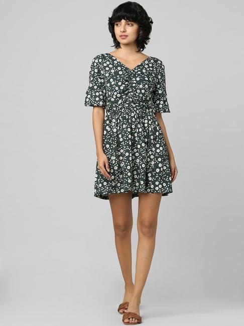 only green floral print fit & flare dress