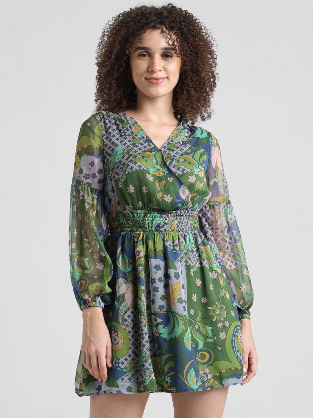 only green floral print puff sleeve chiffon fit & flare dress