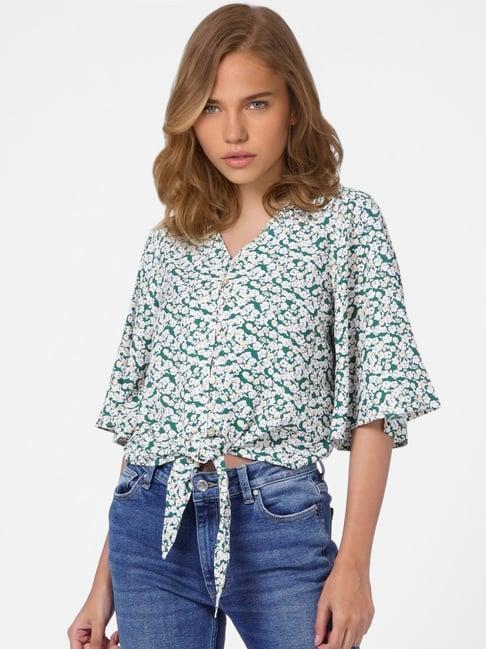 only green printed v neck top