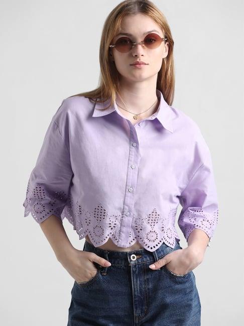 only lavender cotton self design cropped shirt