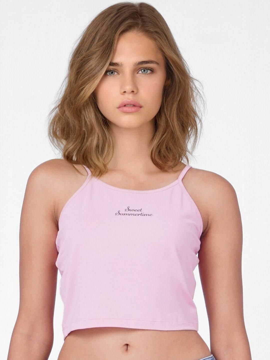 only lavender solid shoulder straps neck regular crop top with typography detail