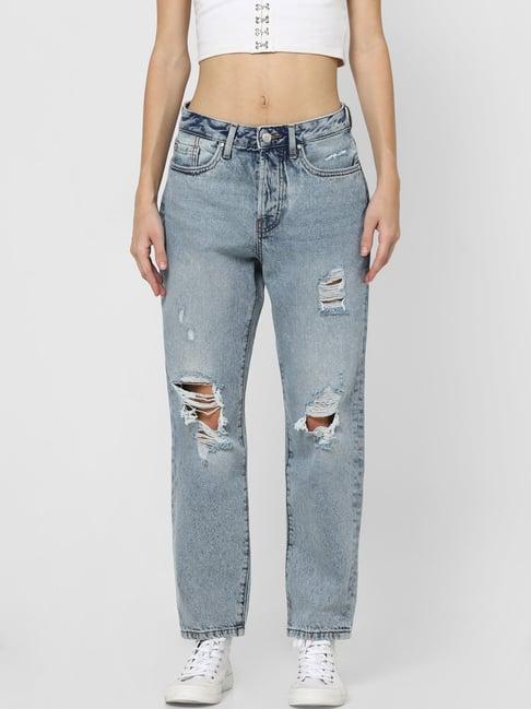 only light blue distressed straight fit high rise jeans