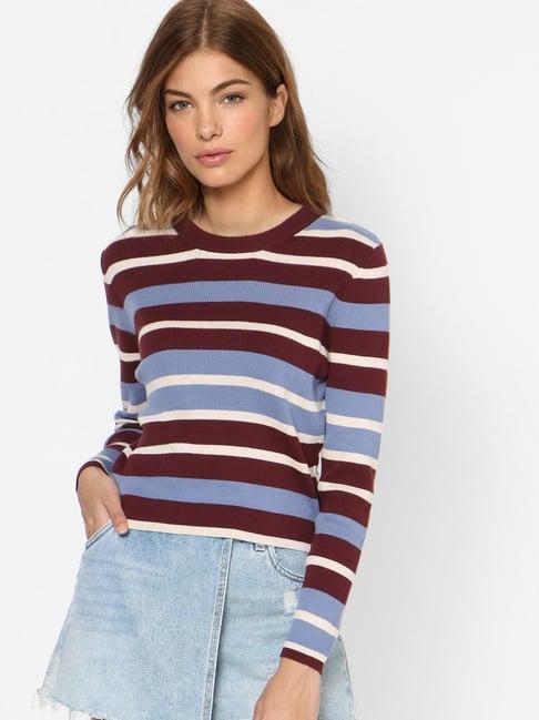 only maroon & blue cotton textured knitted pullover