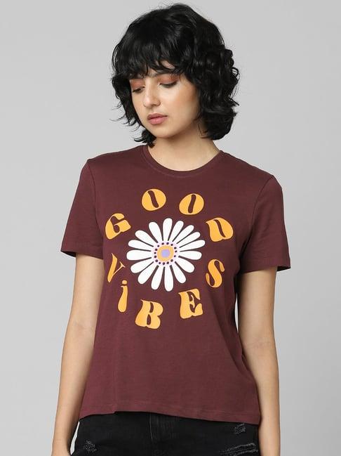 only maroon cotton graphic print t-shirt