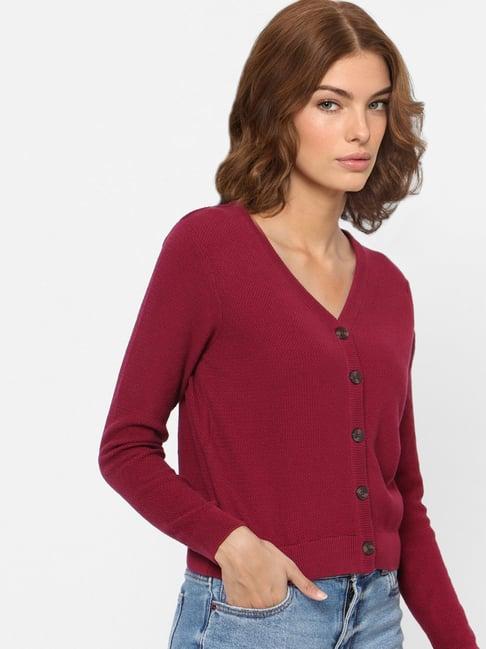 only maroon cotton knitted crop cardigan