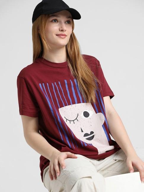 only maroon cotton printed t-shirt