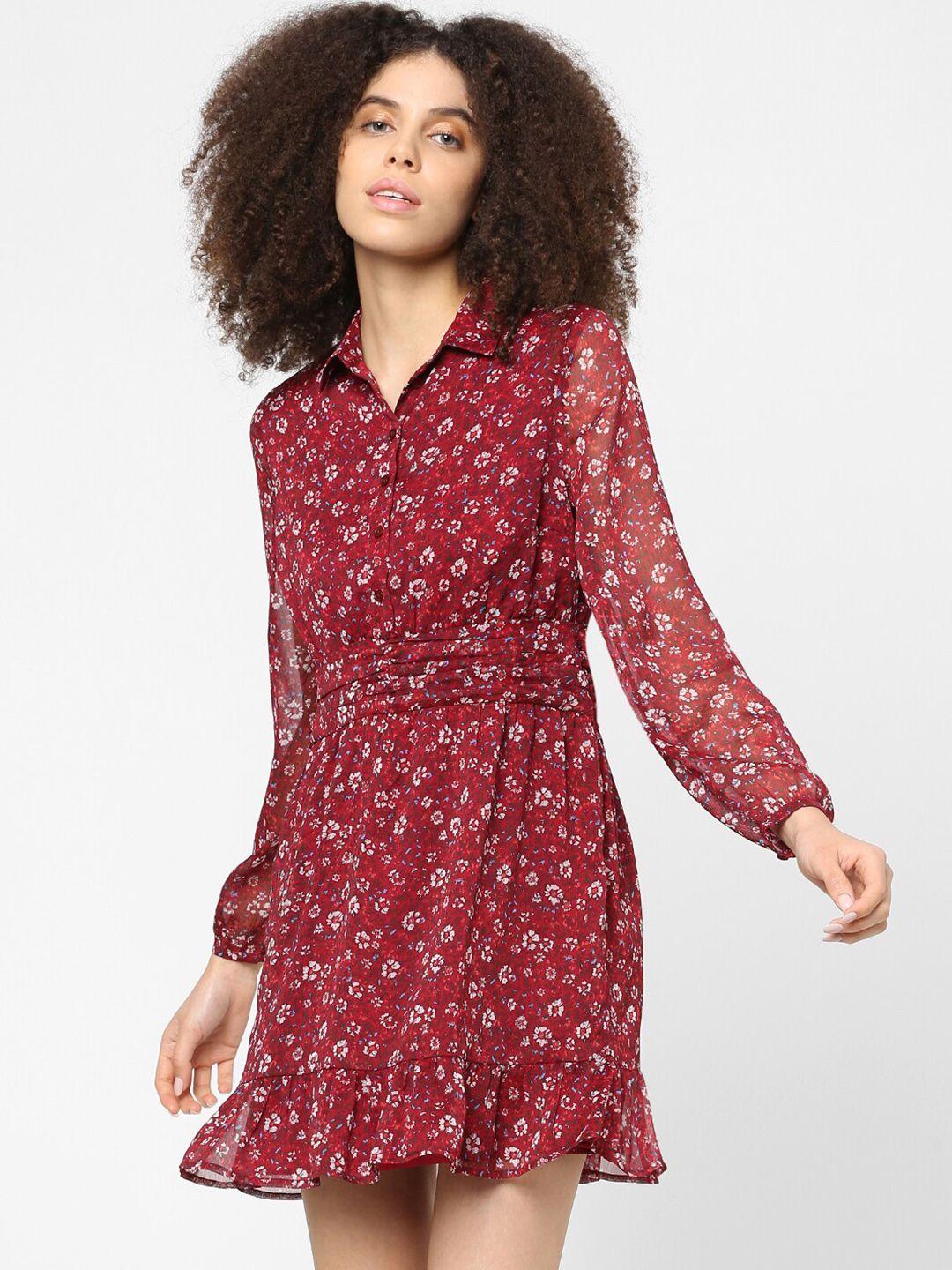 only maroon floral printed fit & flare dress