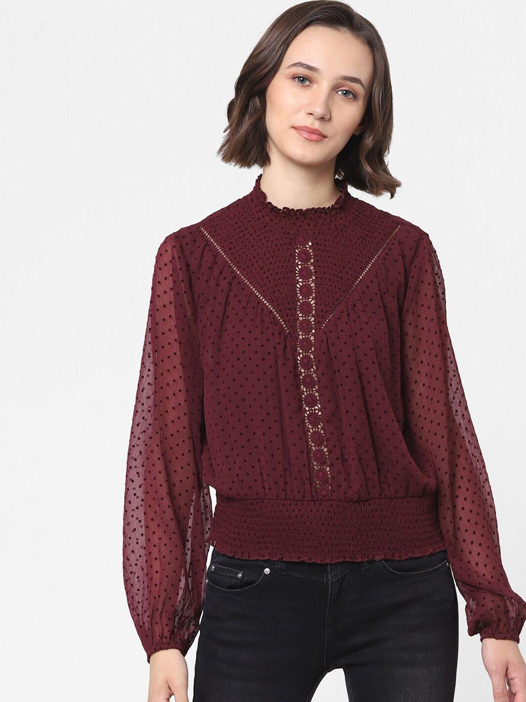 only maroon print cinched waist top