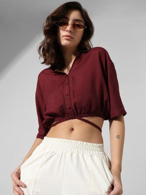 only maroon regular fit crop shirt