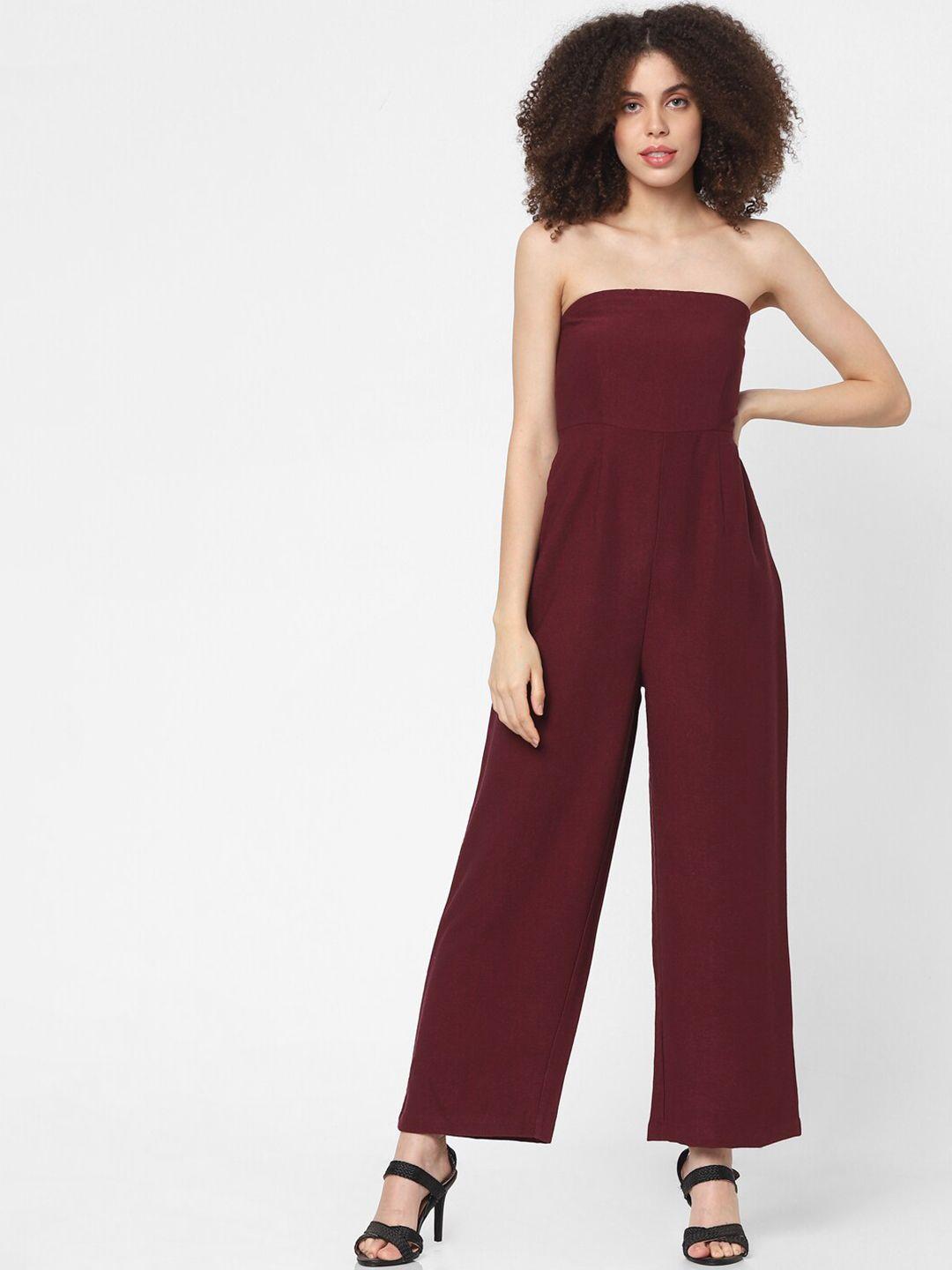 only maroon solid off-shoulder basic jumpsuit