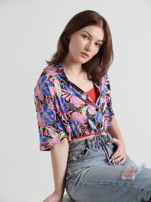 only multicolor viscose floral print crop shirt