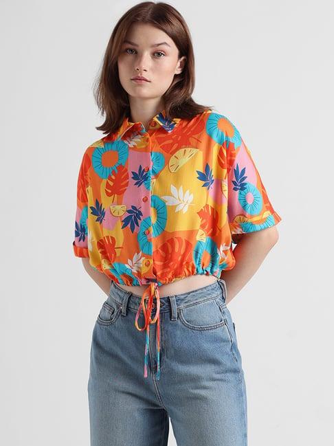 only multicolor viscose printed crop shirt