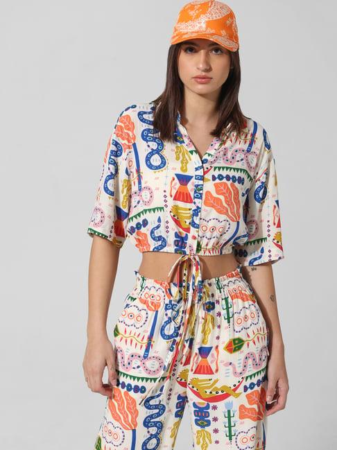 only multicolor viscose printed crop shirt