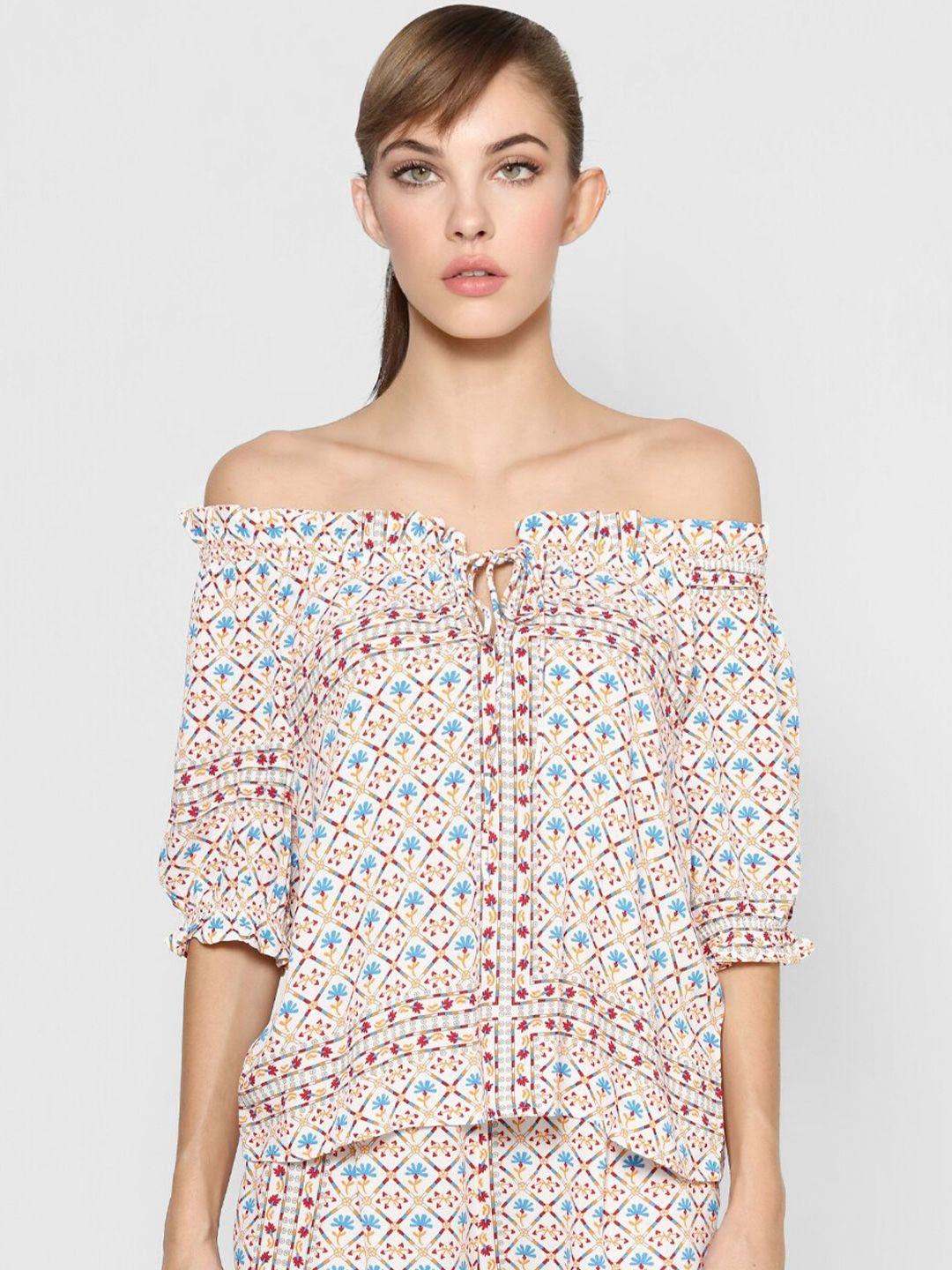 only multicoloured ethnic motifs off-shoulder bardot top