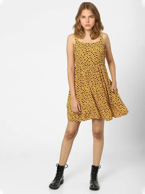 only mustard & black printed a line dress