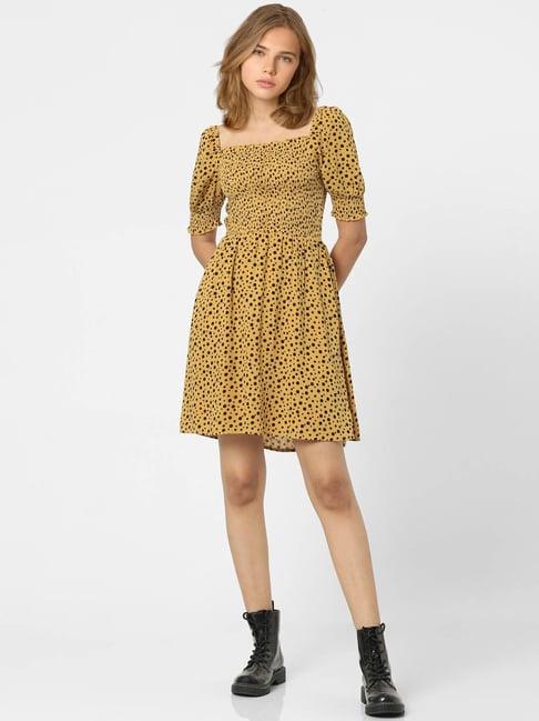 only mustard & black printed fit & flare dress