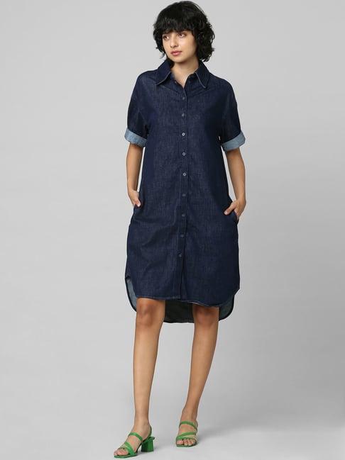 only navy cotton regular fit oversized long denim shirt