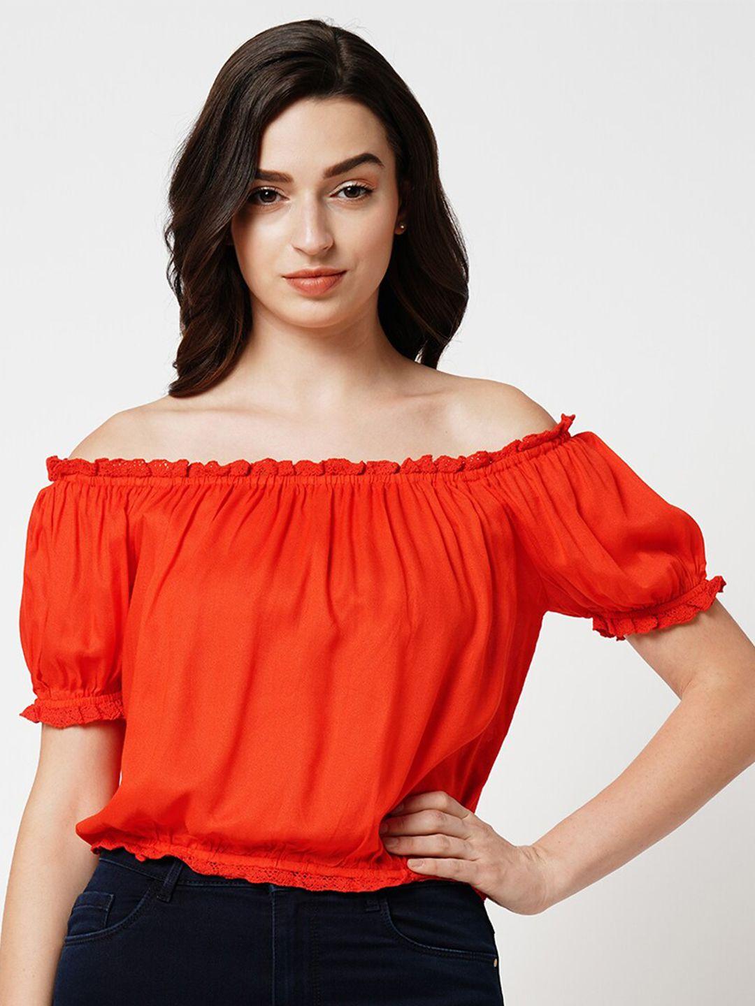 only off-shoulder puff sleeves gathered crop bardot top