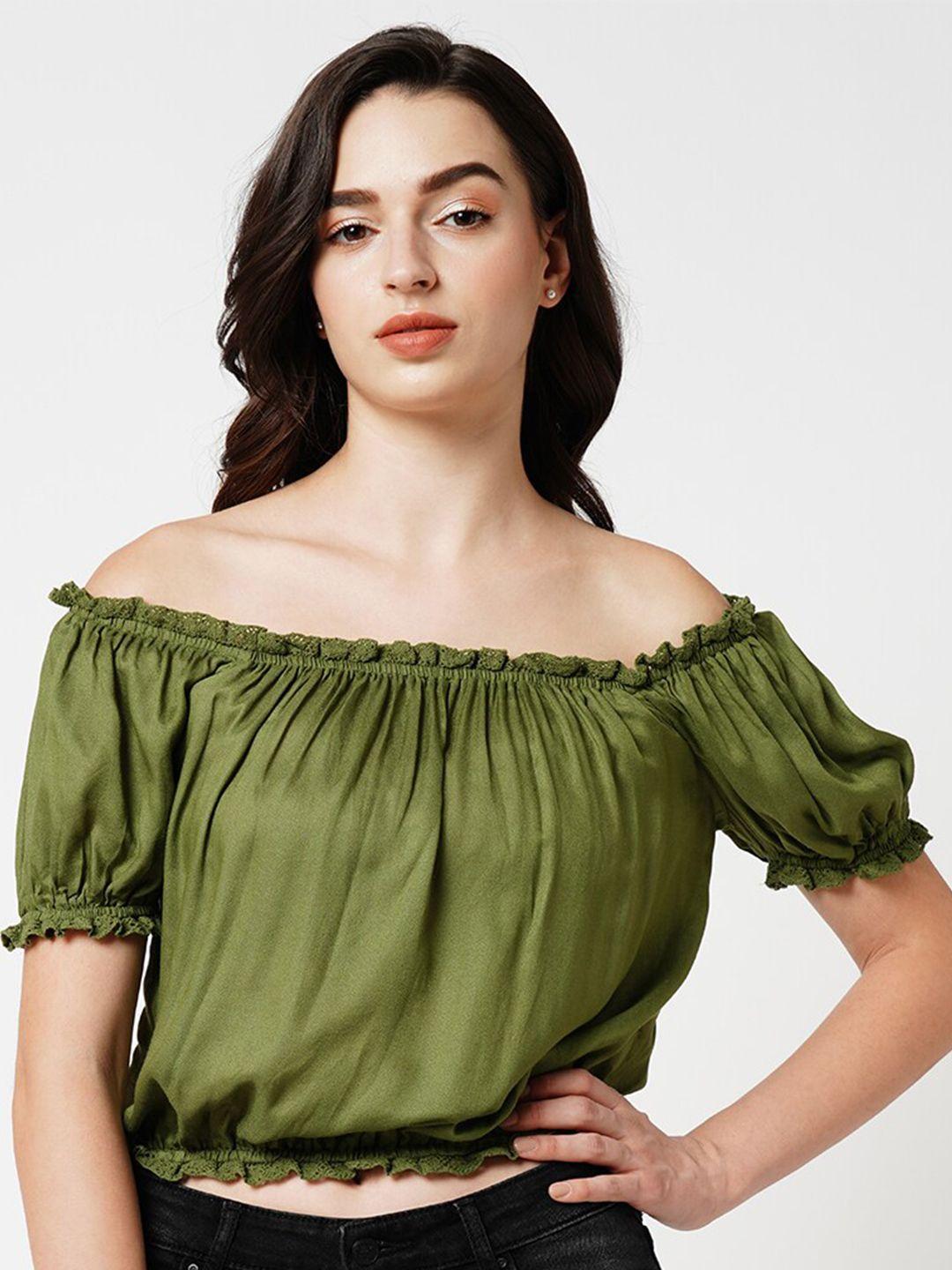 only off-shoulder puff sleeves gathered crop bardot top