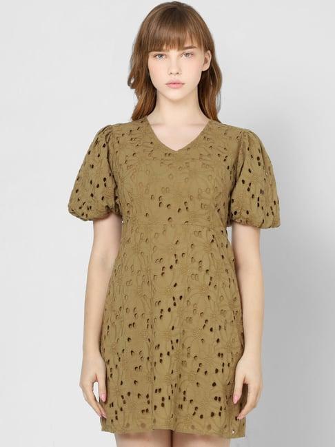 only olive green cotton embroidered shift dress dress