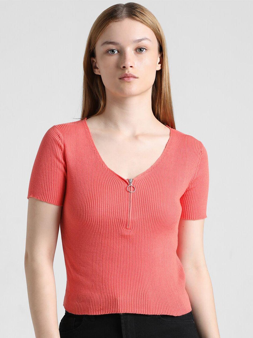 only onld shell ss v-neck knitted cotton t-shirt