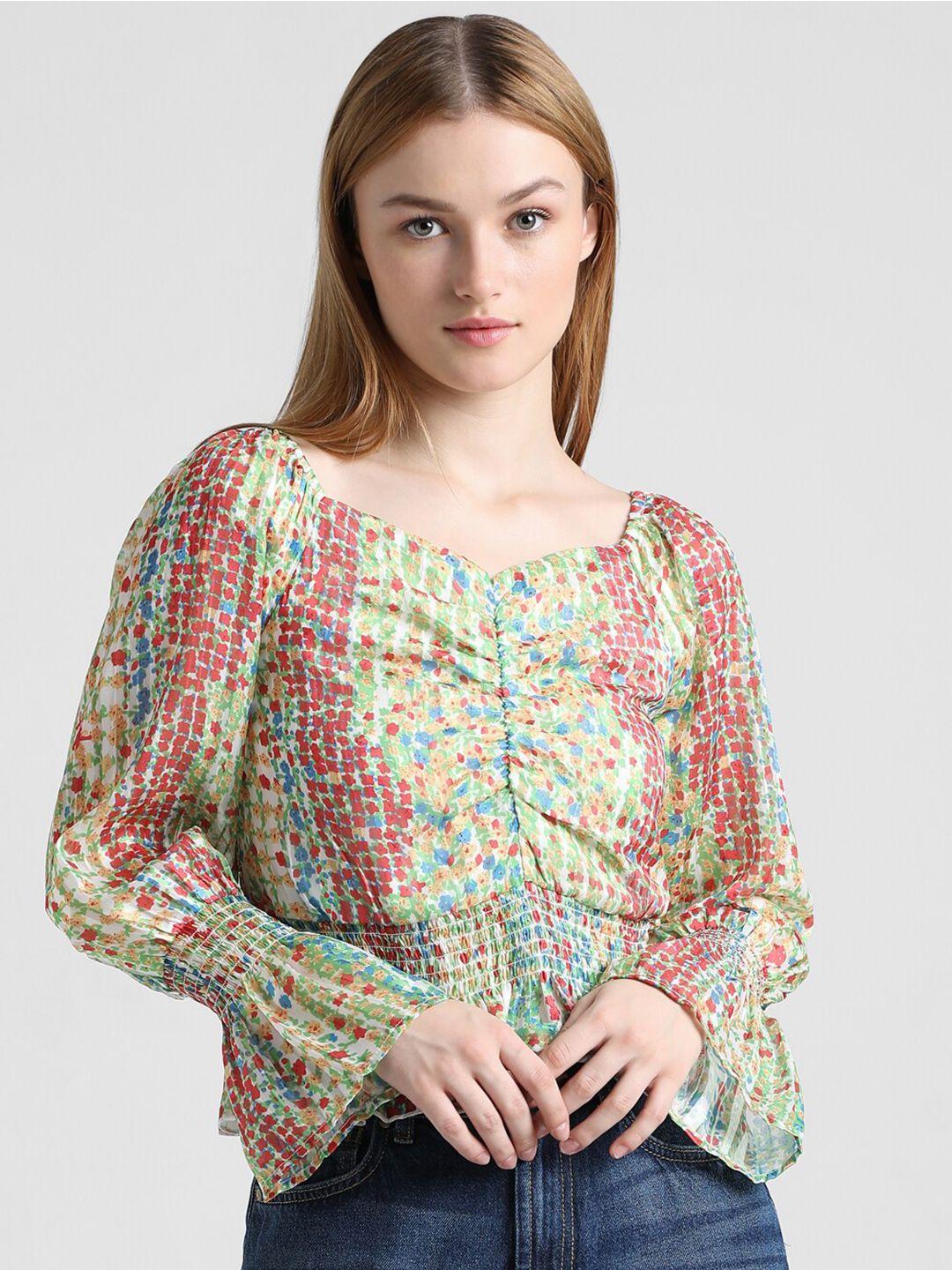 only onldalf ss floral printed bell sleeves smocked pure cotton top