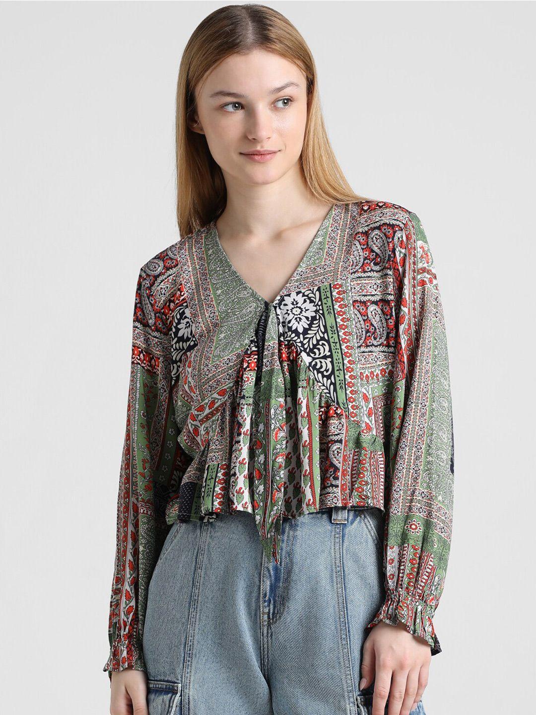 only onlddot ls ethnic motifs printed puff sleeves v-neck pleated top