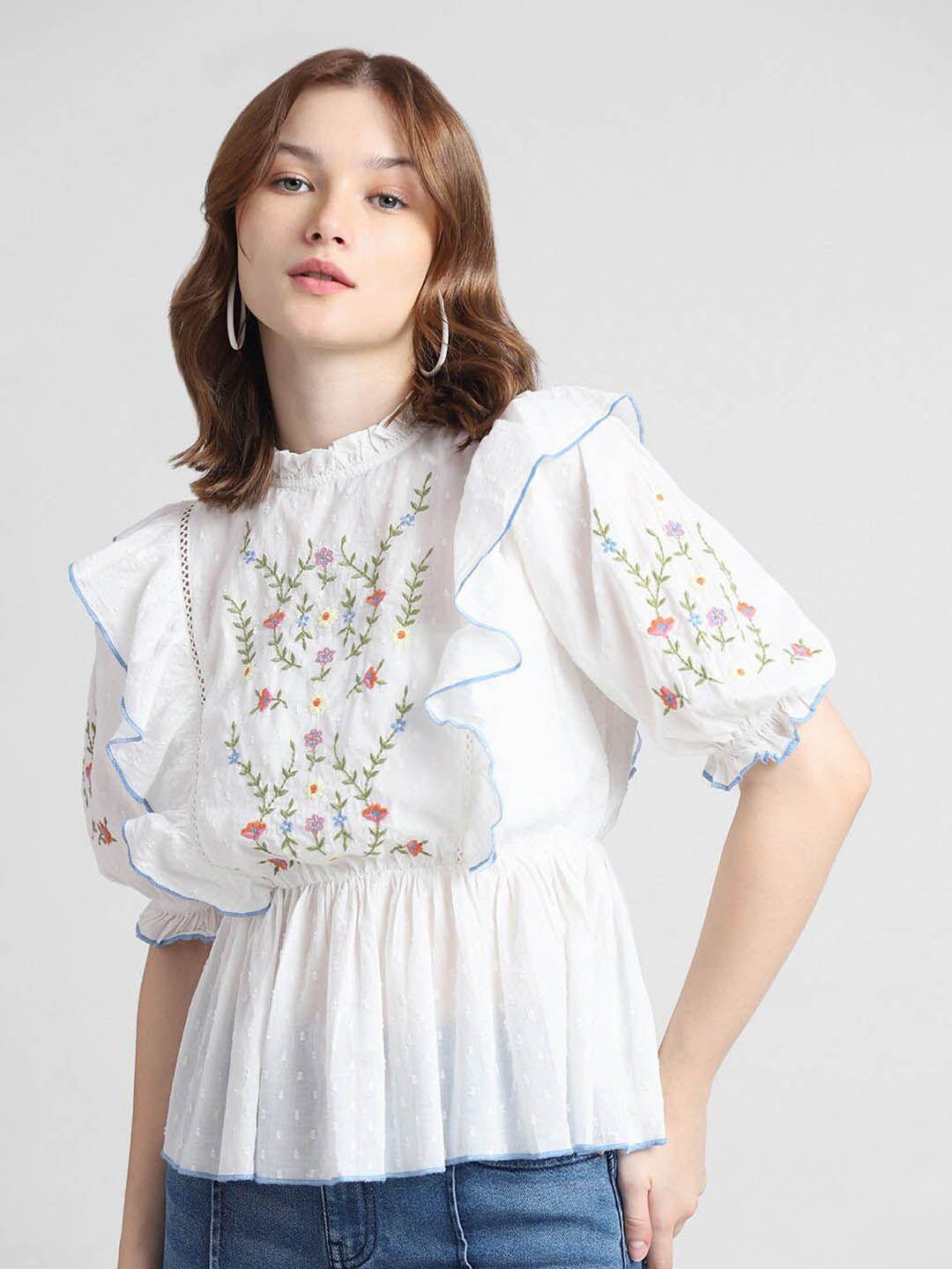 only onldmineral floral embroidered puff sleeves peplum top