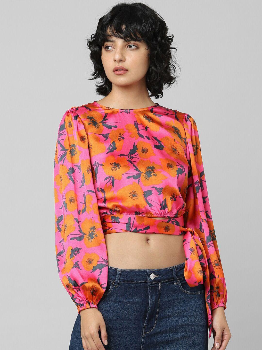 only orange & pink floral printed blouson crop top