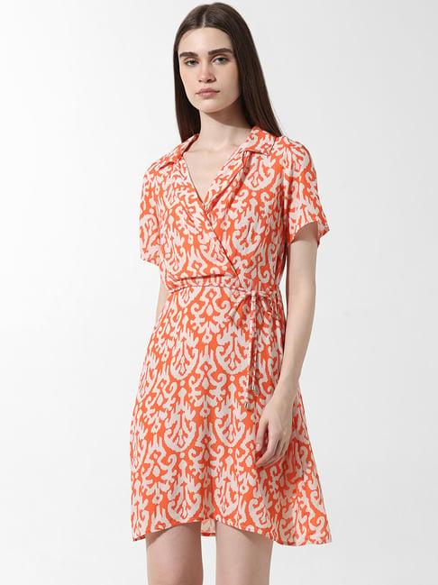 only orange & white printed wrap dress