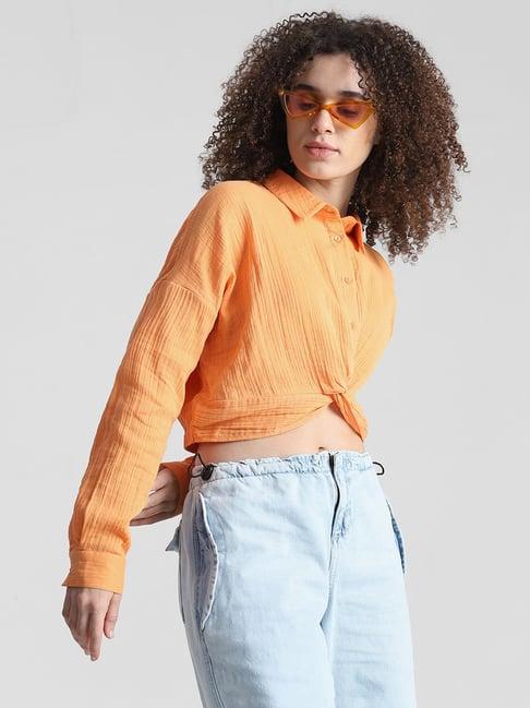 only orange cotton regular fit crop shirt