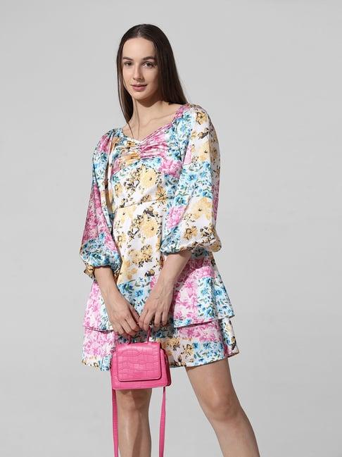 only pink & beige floral print a line dress