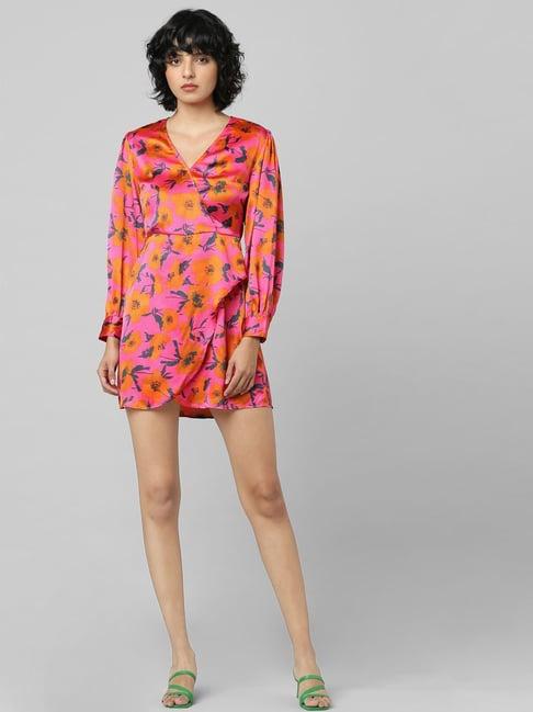 only pink & orange floral print wrap dress