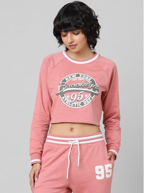 only pink cotton graphic print crop sweatshirt