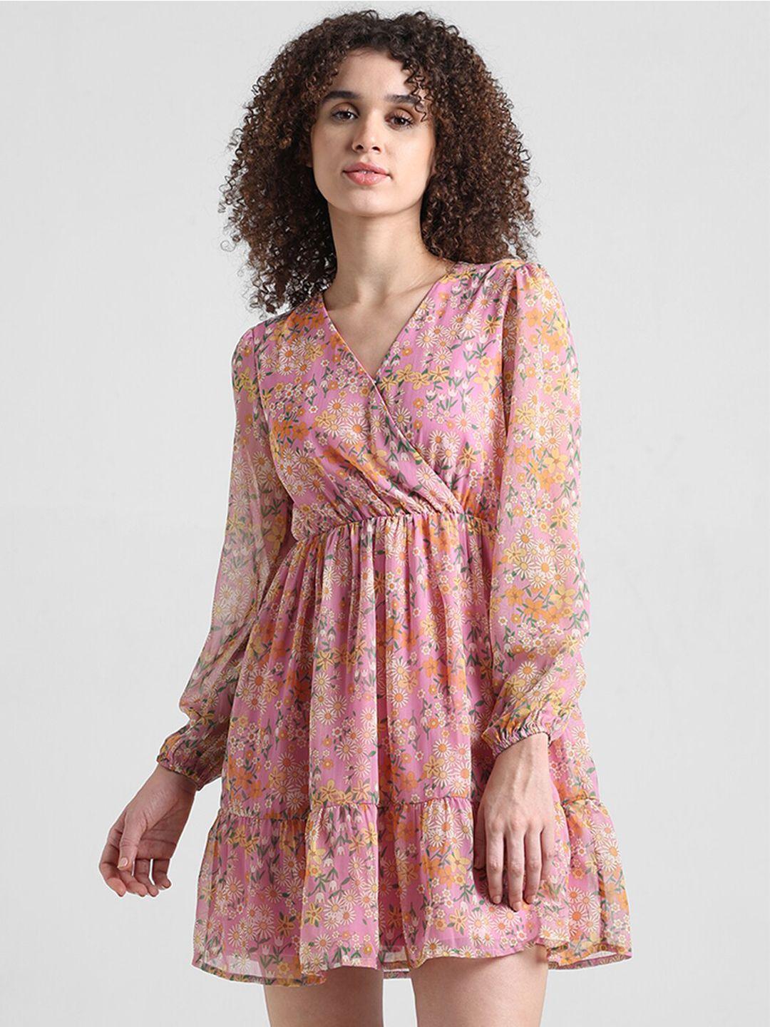 only pink floral print chiffon fit & flare dress