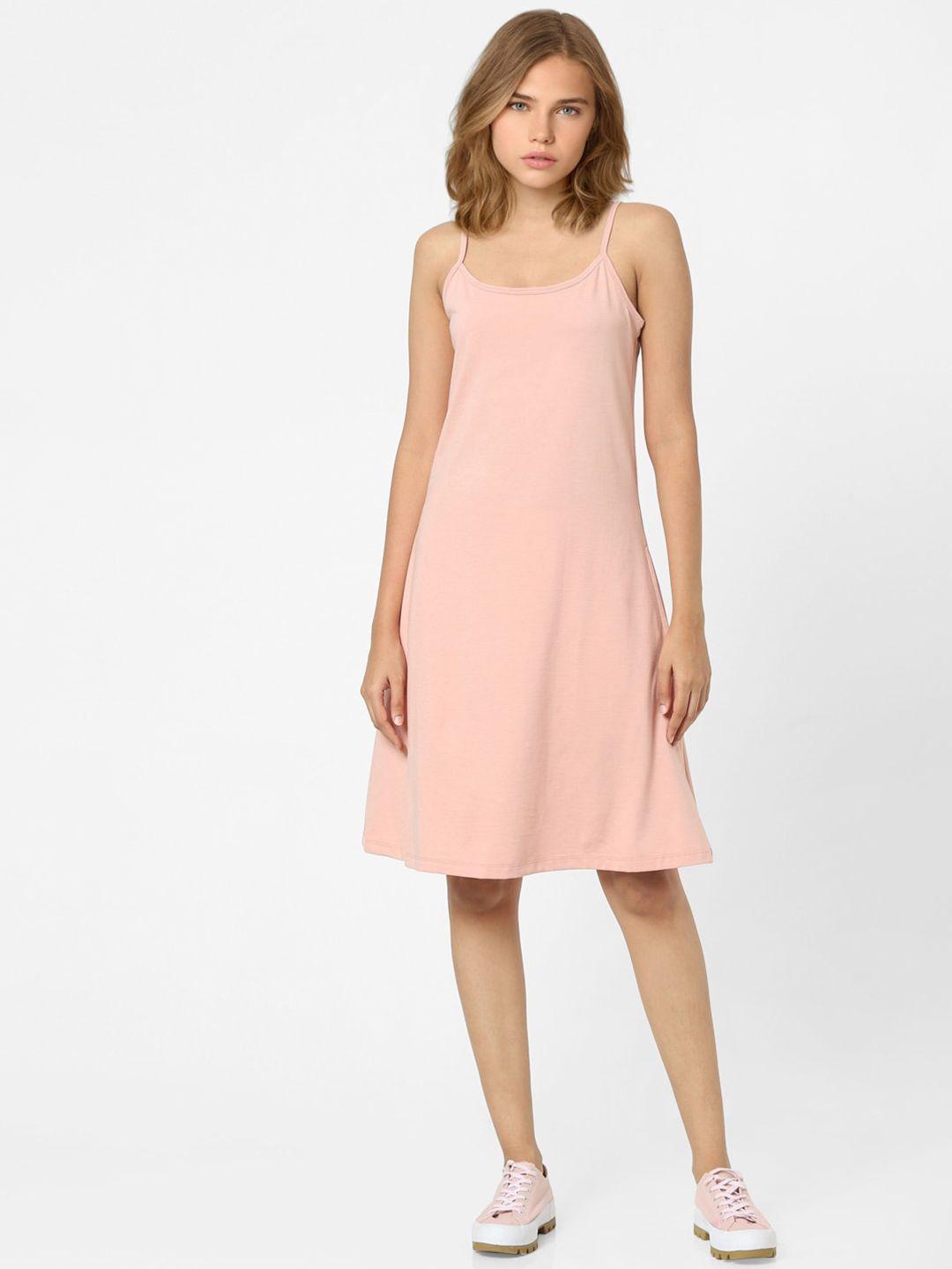 only pink solid shoulder straps cotton a-line dress