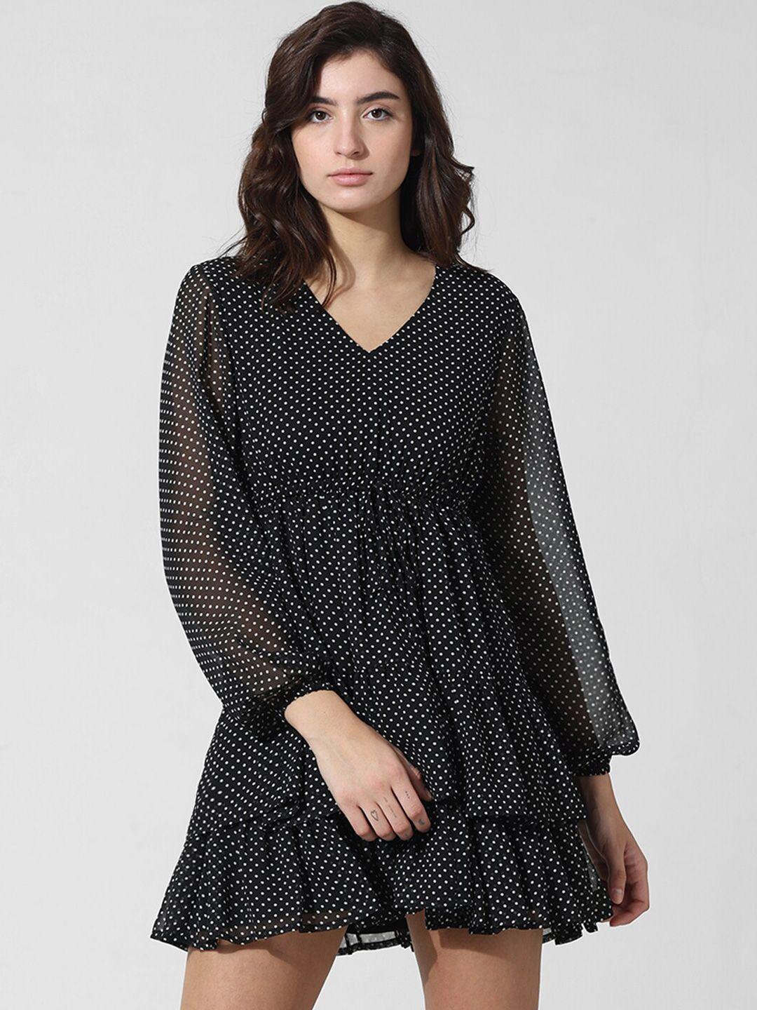 only polka dot printed v-neck puff sleeves chiffon fit & flare mini dress