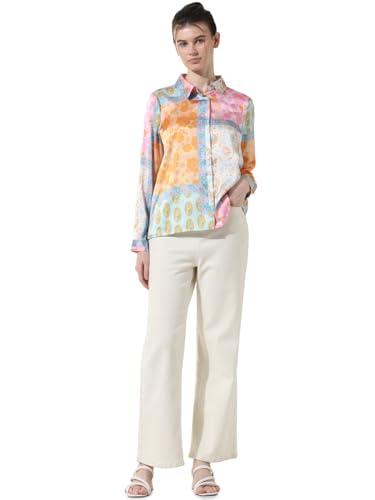 only printed polyester mandarin women's casual shirt (blue, large)