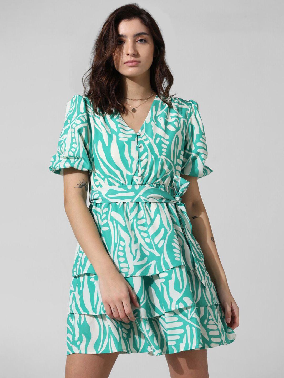 only printed puff sleeve layered fit & flare dress