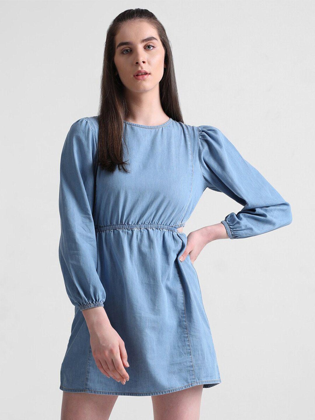 only puff sleeve pure cotton mini a-linedress with cut outs