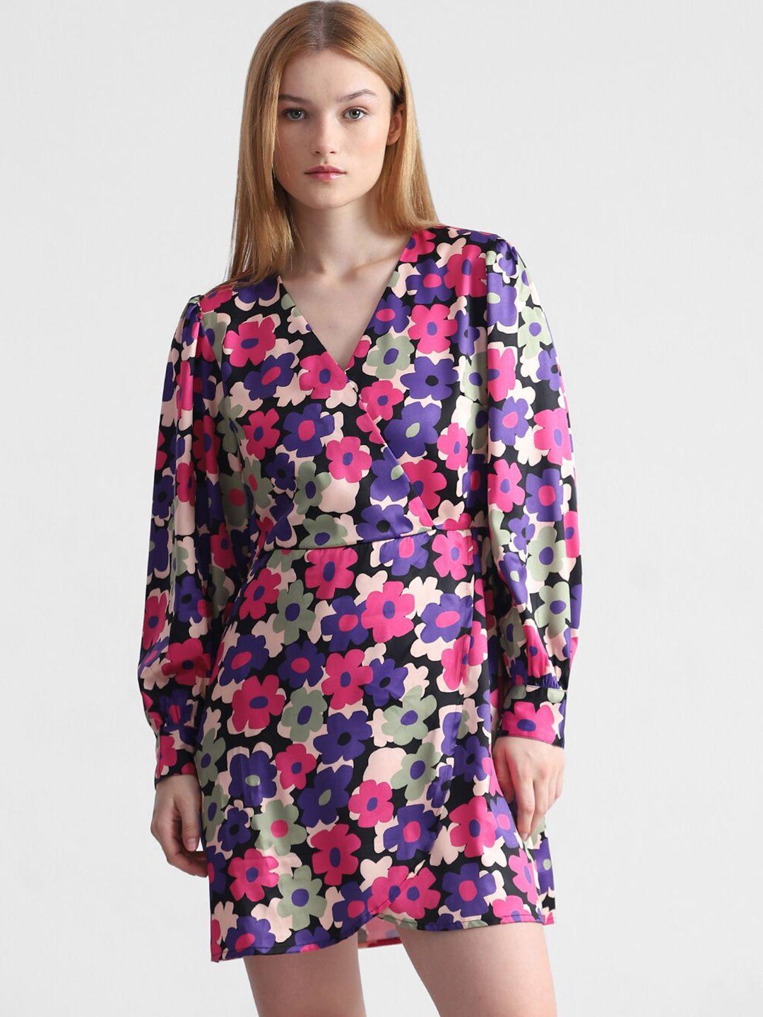 only purple floral printed flared sleeve mini dress