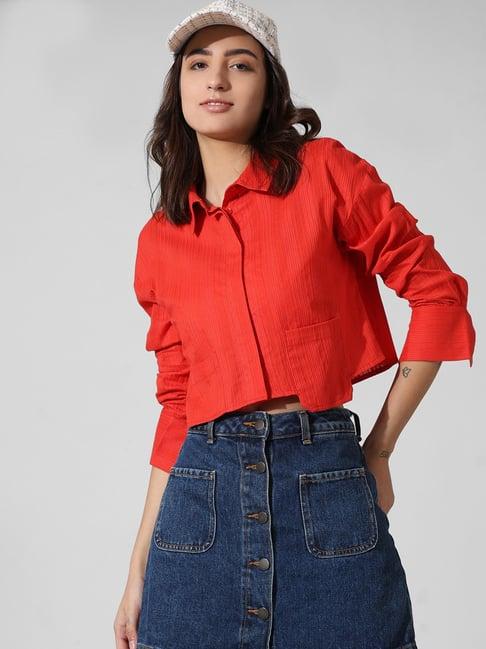 only red cotton regular fit crop shirt