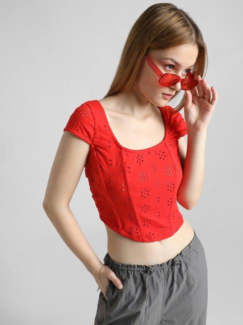 only red cotton self design crop top