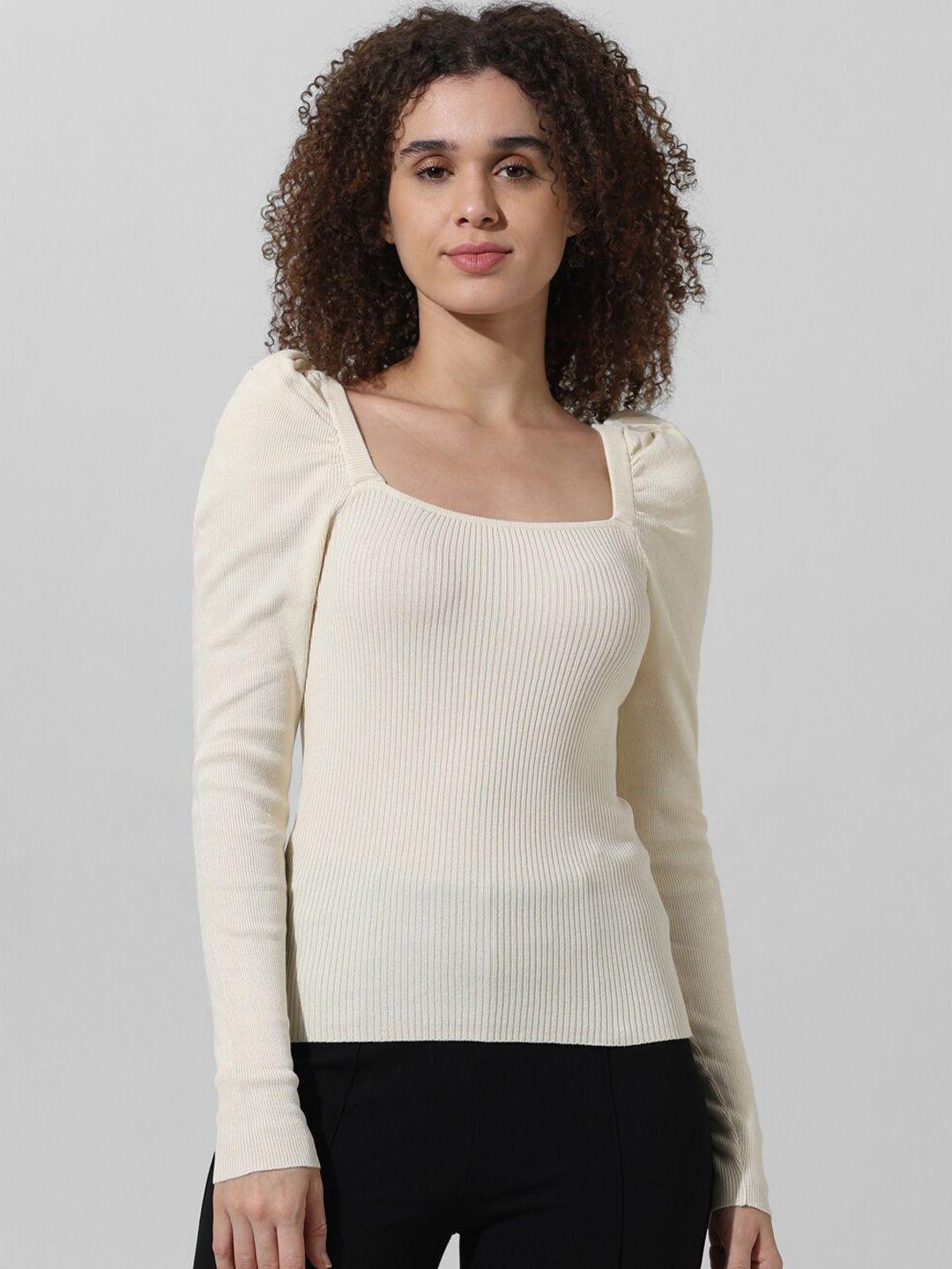 only ribbed square neck puff sleeves pullover sweater