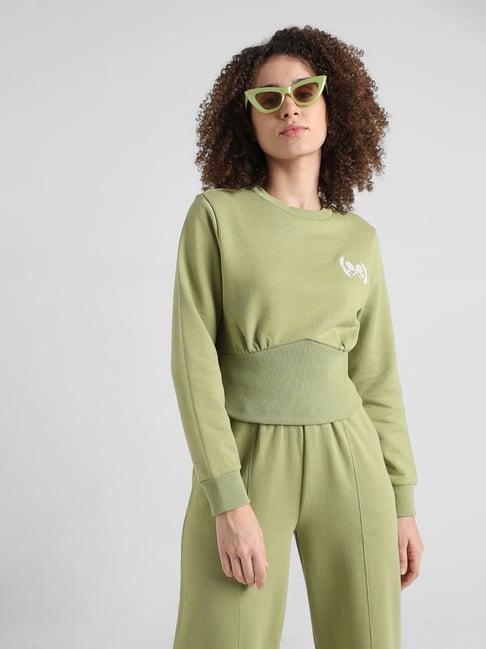 only sage green cotton embroidered crop sweatshirt