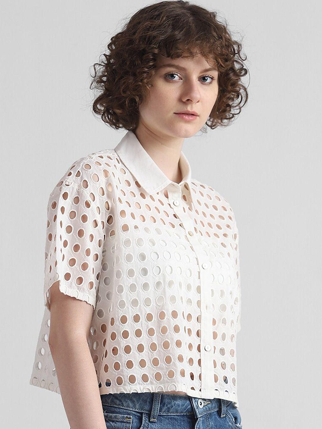 only self design schiffli semi sheer crop pure cotton casual shirt