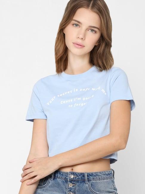 only sky blue cotton graphic print crop top