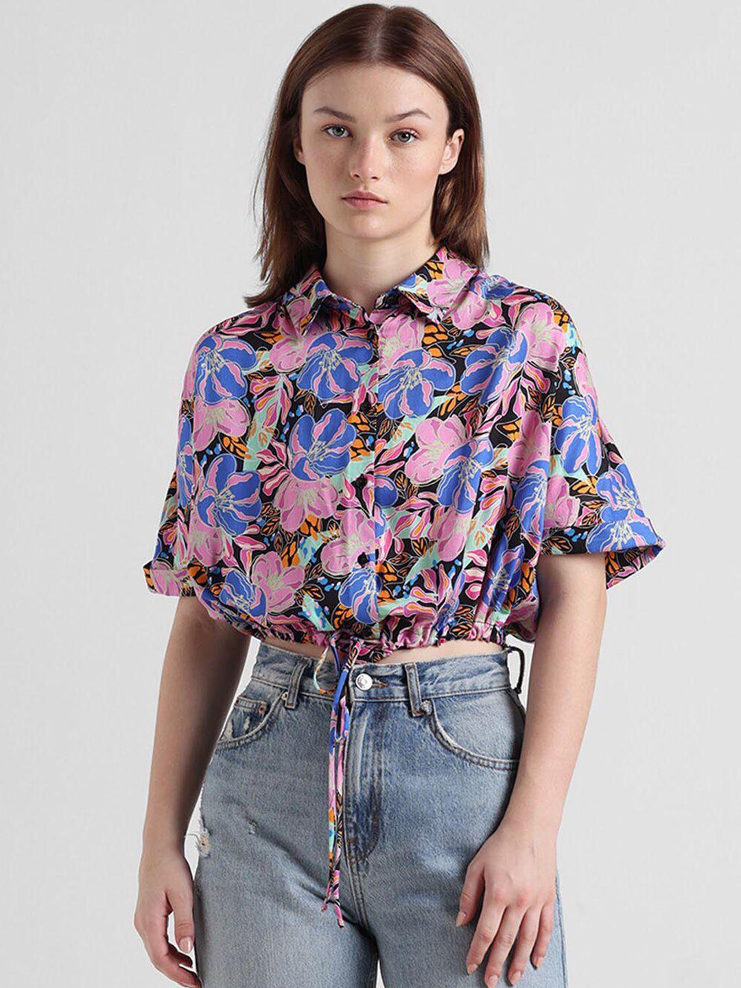 only slim fit floral printed twill crop casual shirt