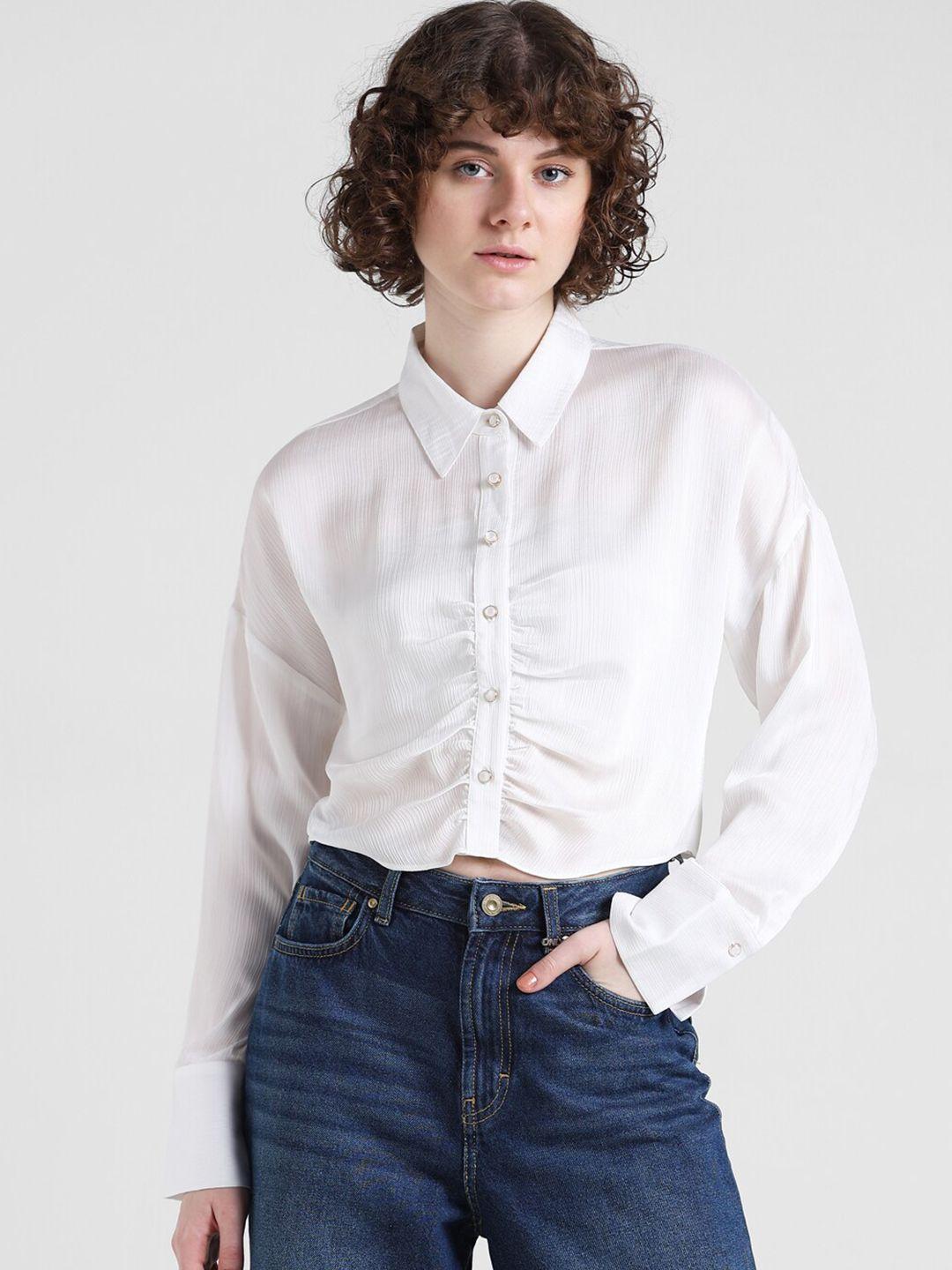 only slim fit gathered spread collar casual crop shirt